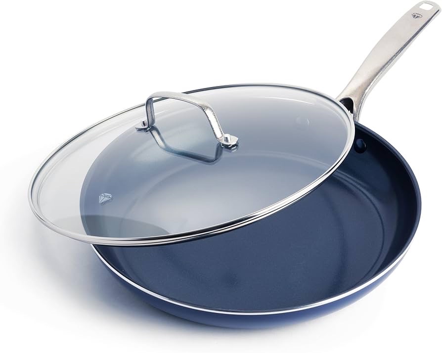 Blue Diamond 12 Nonstick Frying Pan with Lid, Diamond Infused PFAS & PTFE-Free Ceramic Skillet, Dishwasher & Oven Safe, Stay Cool Handle, Durable Non Toxic Metal Utensil Safe, Glass Lid, Blue