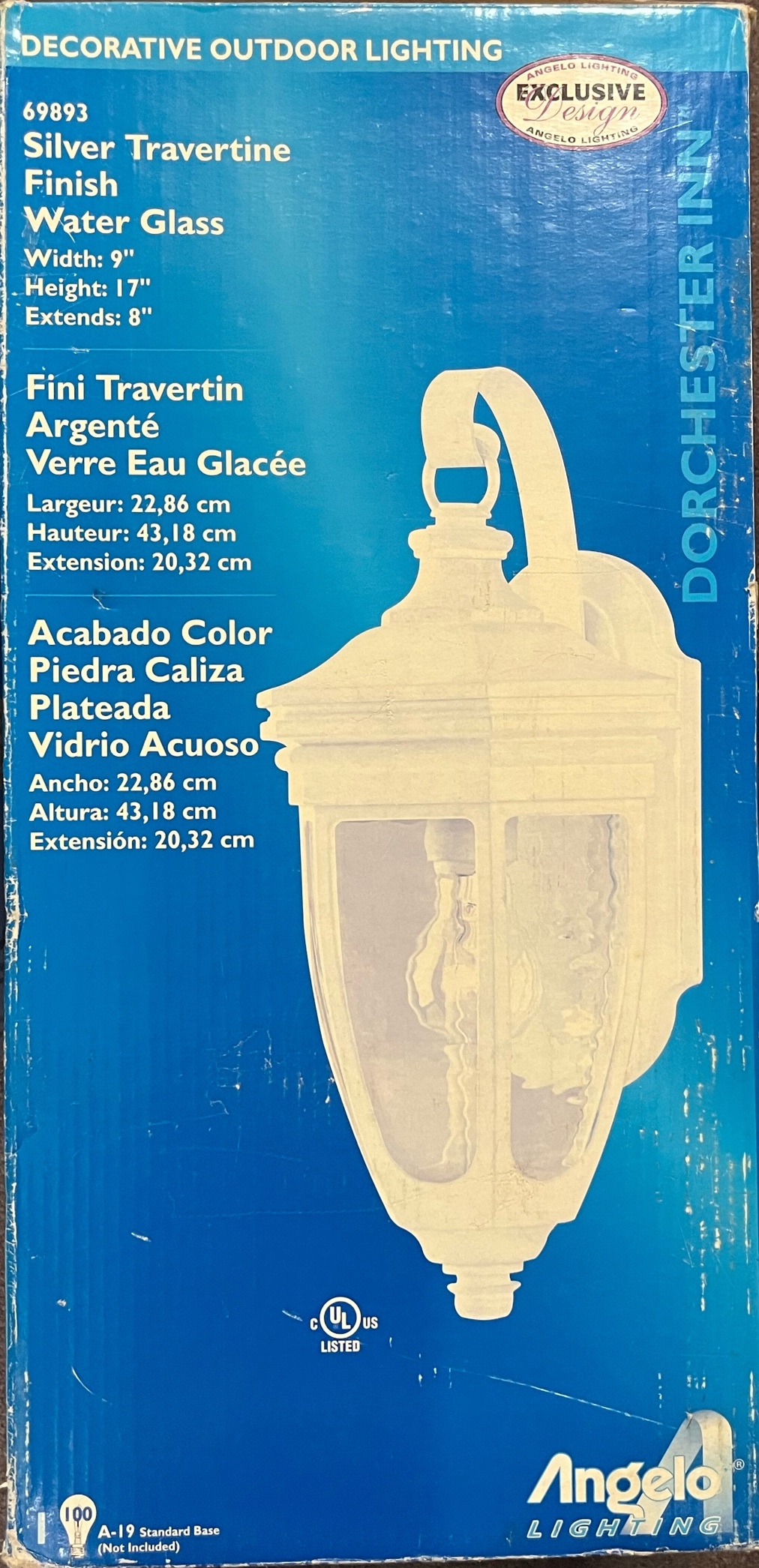 Angelo Lighting Dorchester Inn Outdoor Wall Lantern in a Silver Tavertine Finish With Water Glass Panels. Brand Angelo Lighting Model Dorchester Inn Dimensions Approximately 9 wide by 17 high, extending 8 from the wall.