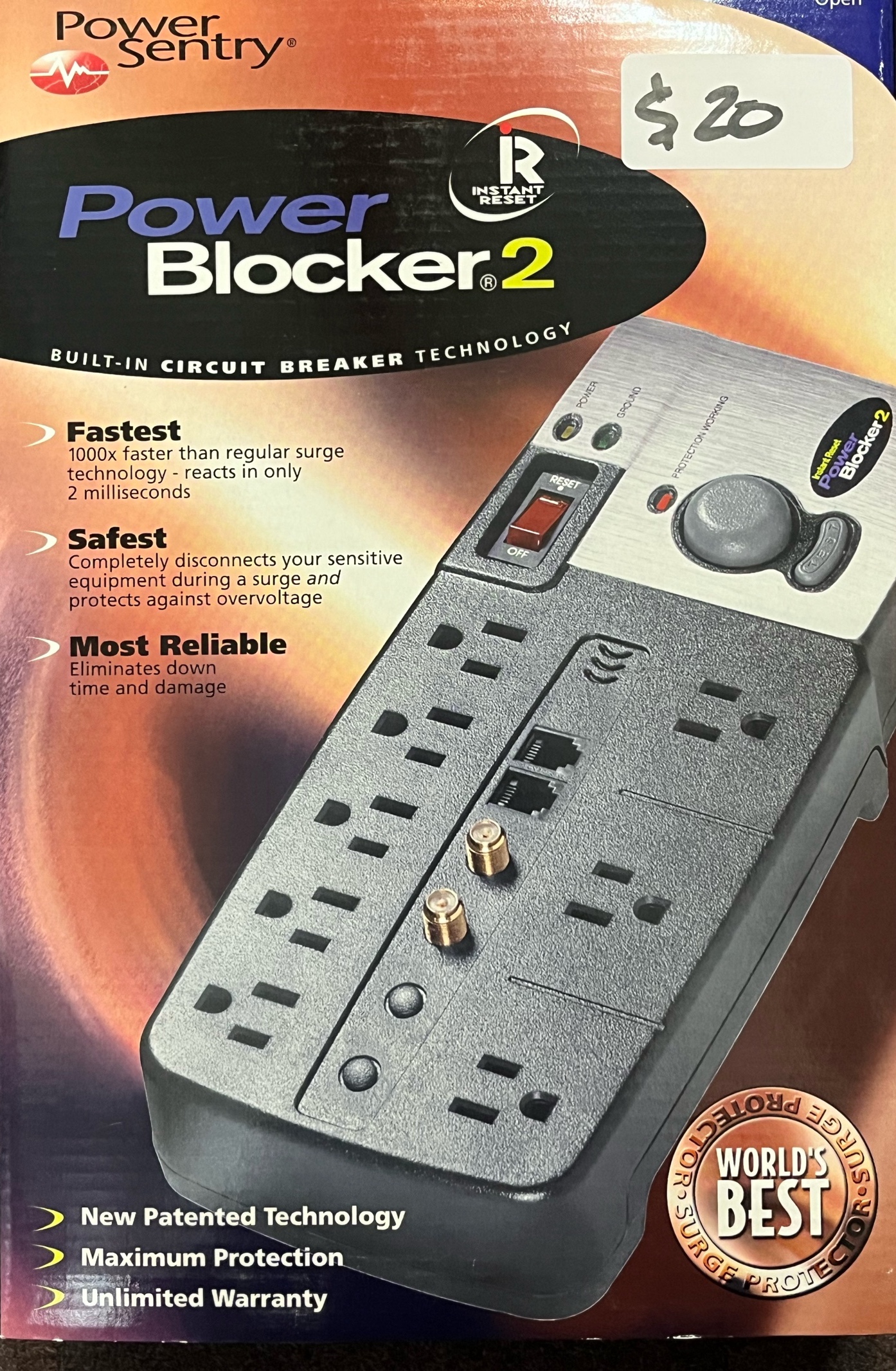New in Box Power Blocker 2 Surge Protector For Eight Outlets, Cable For Television or Computer, Phone Line Protection, 8W x 2D x 13H