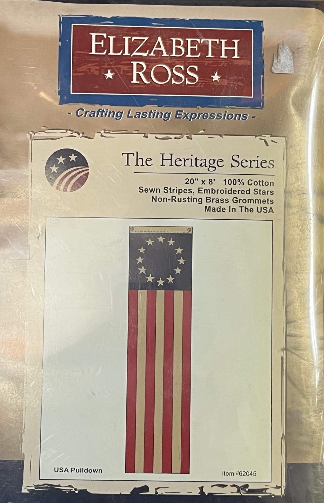 Elizabeth Ross Heritage Series USA Pulldown flag, featuring sewn stripes, embroidered stars, and brass grommets. 20Lx8W