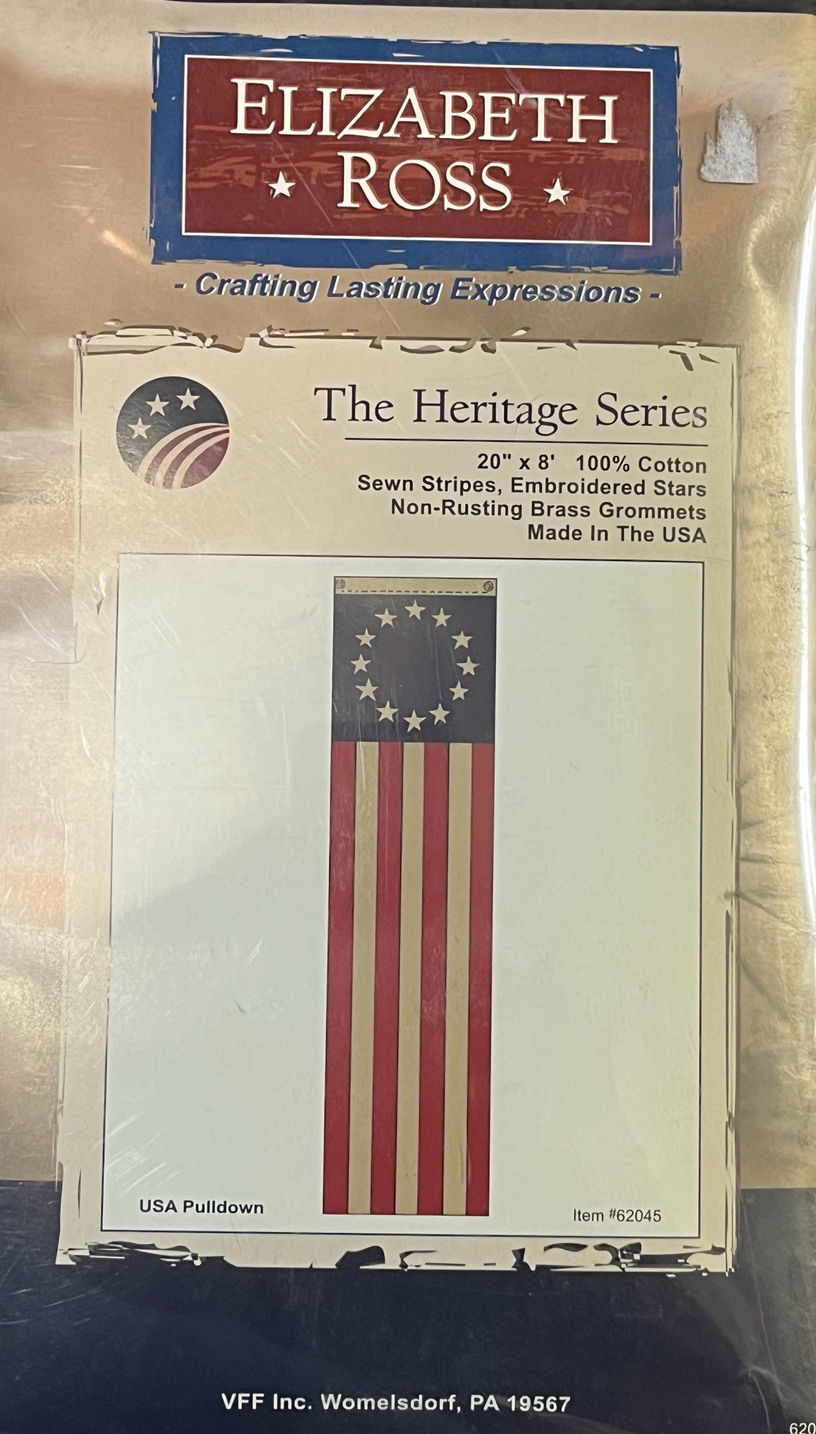 Elizabeth Ross Heritage Series USA Pulldown flag, featuring sewn stripes, embroidered stars, and brass grommets. 20Lx8W
