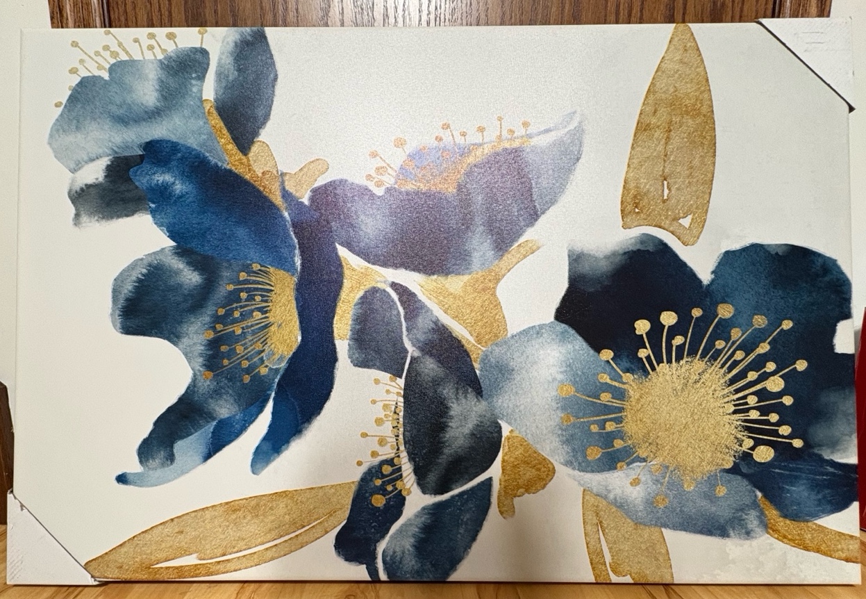Floral Canvas Artwork, Great for Bedroom, Bathroom, or Living Room, Blues and Gold Colors on White Canvas Background