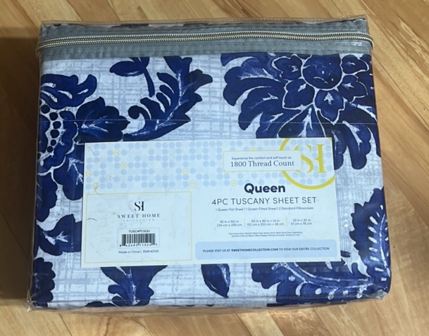 Queen  4pc Tuscany Sheet Set  1800 thread count  1 flat sheet 1 fitted sheet 2 pillowcases  floral print blue and grey