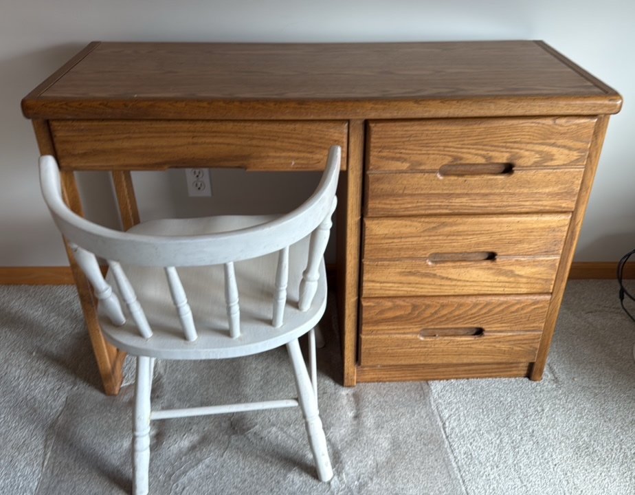 three drawer Oak style desk with chair