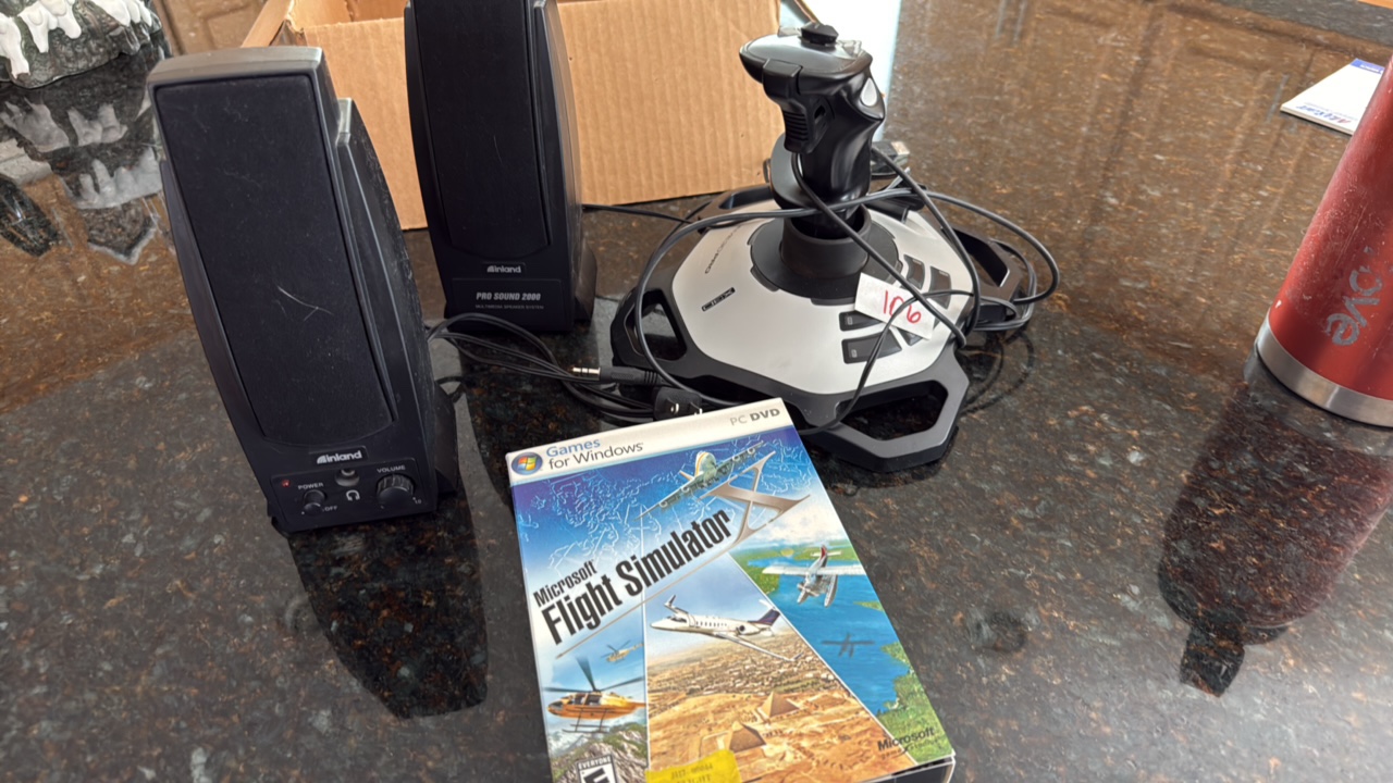 Logitech extreme 30 pro joystick, Flight simulator game, and speakers