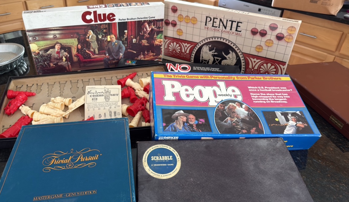 old-fashioned games for family night--pictured games plus old fashion backgammon board in case with signed book