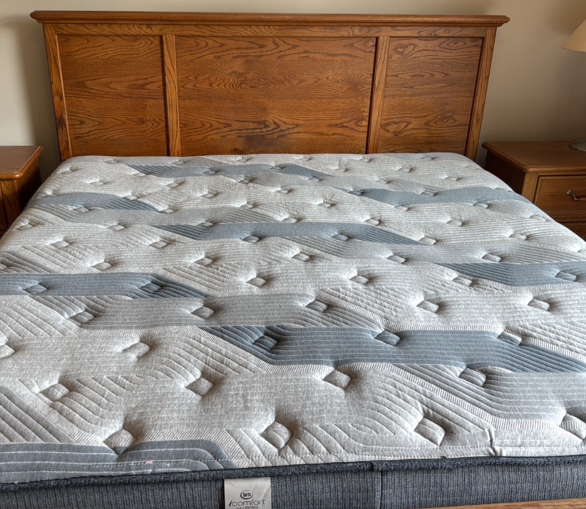 King size Oak headboard board from Thomasville with Serta comfort hybrid blue fusion firm mattress and boxspring