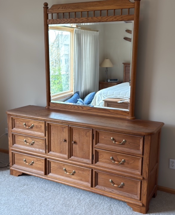 Thomasville Oak long dresser with great storage and mirror