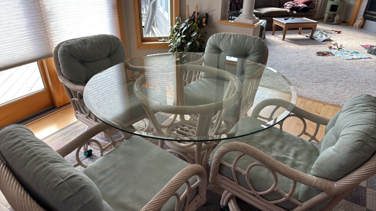 48 inch glass top wicker table with four chairs