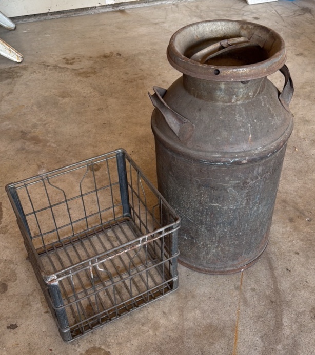 Vintage milk can and milk crate