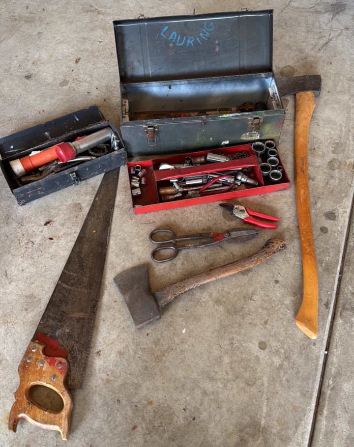 miscellaneous tools, axes, and toolbox