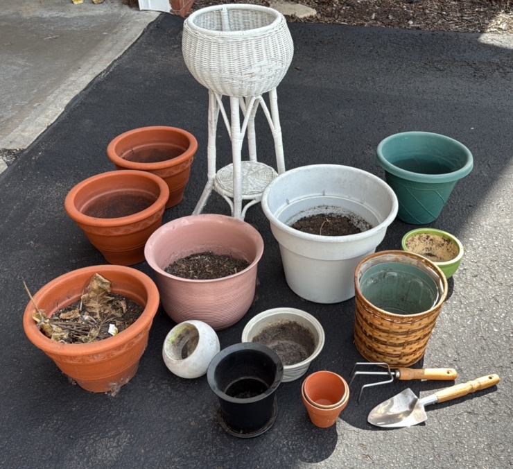 Collection of Ceramic, plastic and wicker gardening pots and tools