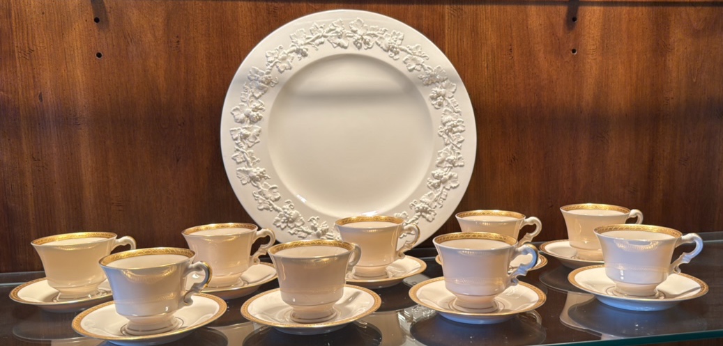 Wedgewood embossed Queensway round platter and nine Syracuse, Wayne, China demitasse cups