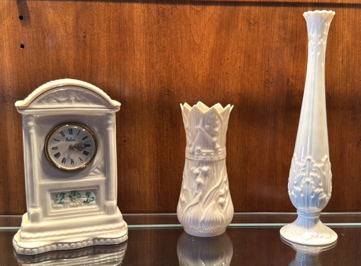 Belleek clock and vase. Lenox vase.