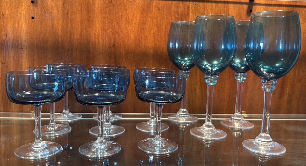 vintage cobalt colored champagne and water goblets
