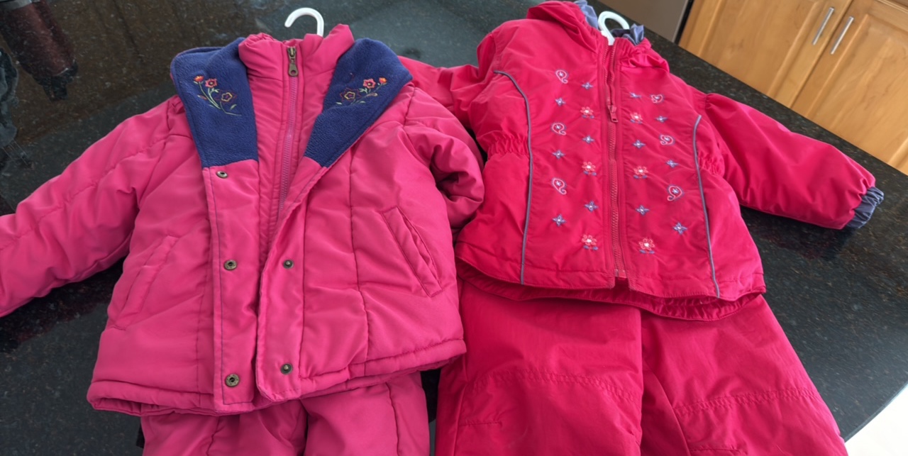 toddler size 3T and 4T skiing outfits with snow pants and jackets