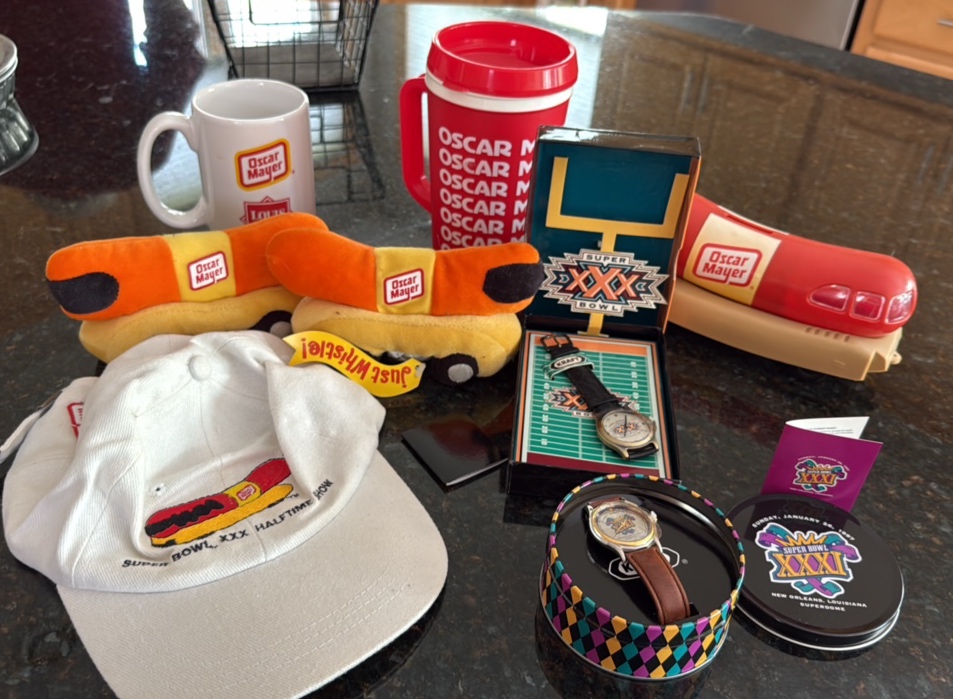 Oscar Mayer product advertisement and 1997 Super Bowl watches