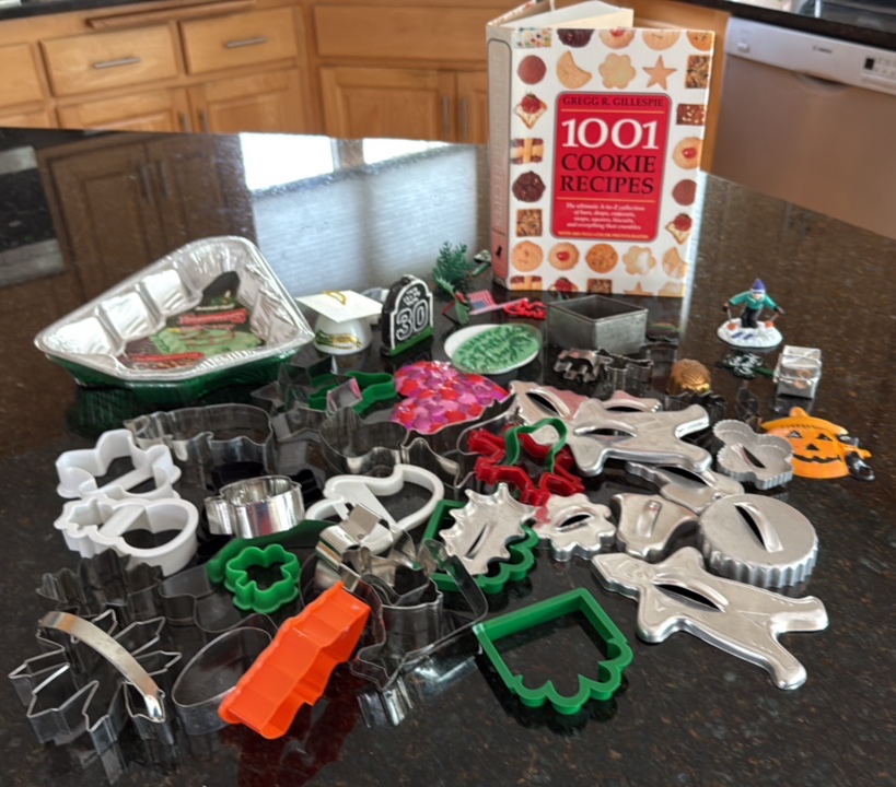 vintage cookie cutters, cake, decorating embellishments, and a great cookie book