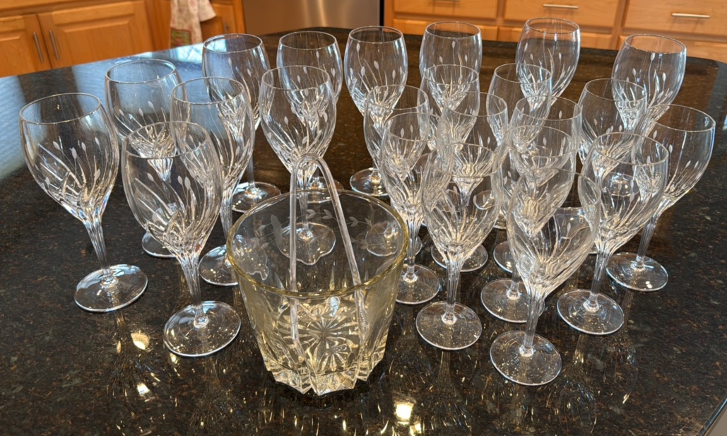Noritake Moondust pattern water and wine glasses with a matching ice bucket
