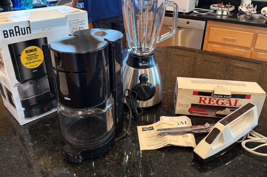 Rival blender, Regal electric knife, and Brawn coffee maker