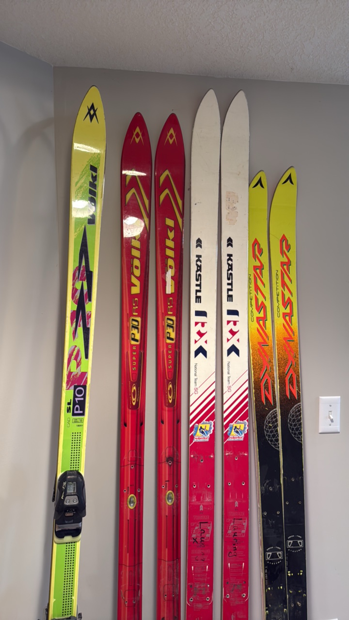 four sets of skis for display
