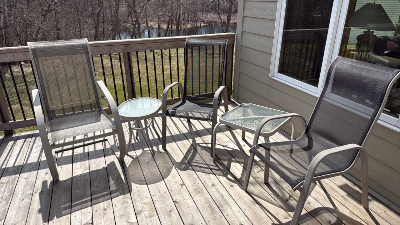 patio chairs and two Glass Table tables
