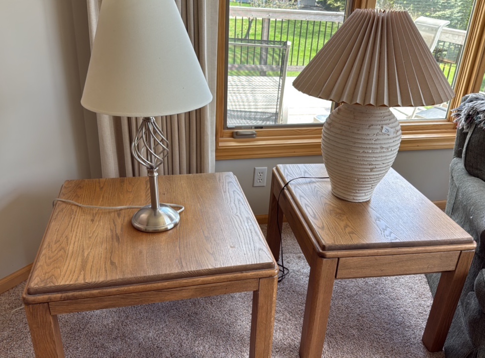 two wooden end tables and two excellent looking lamps