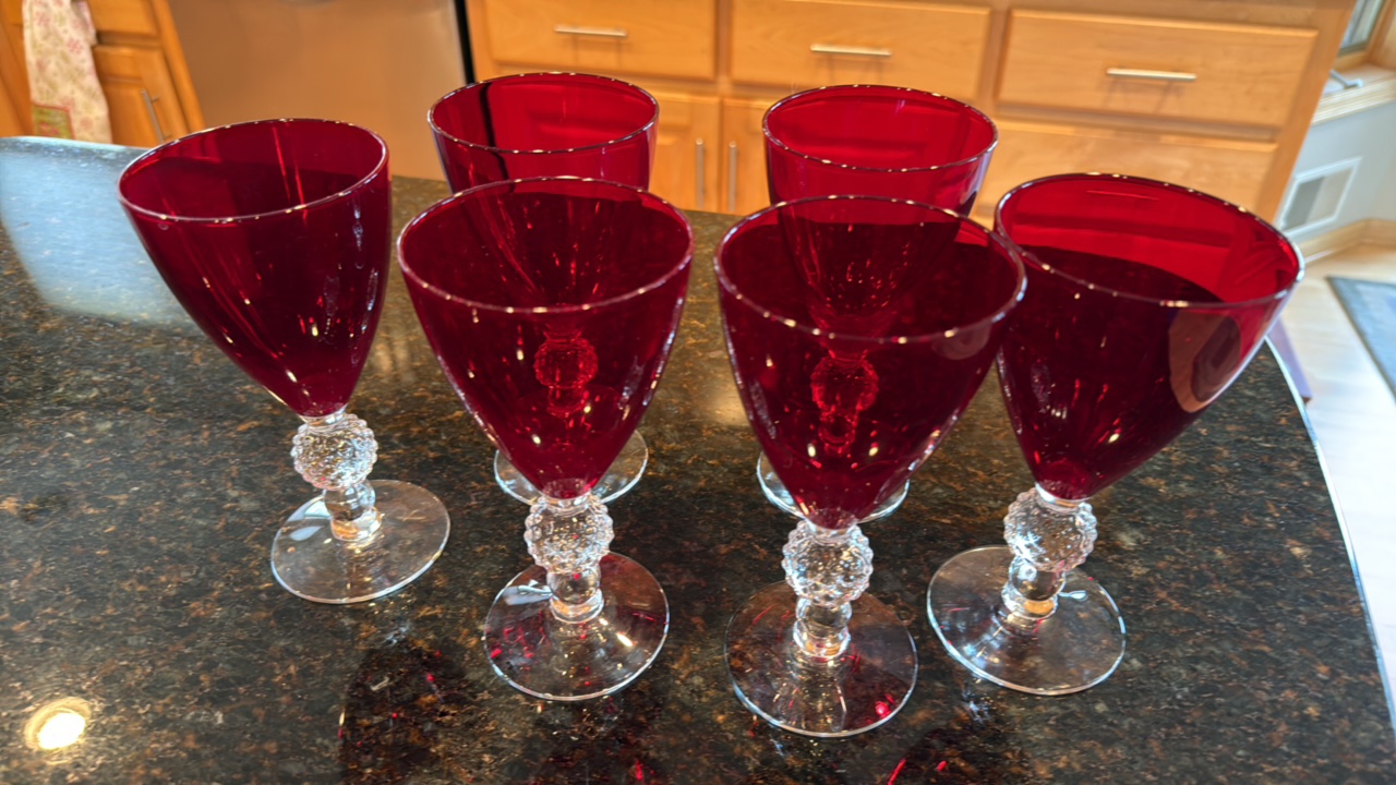vintage 1930 Morgantown, Ruby, red wine glasses set of six