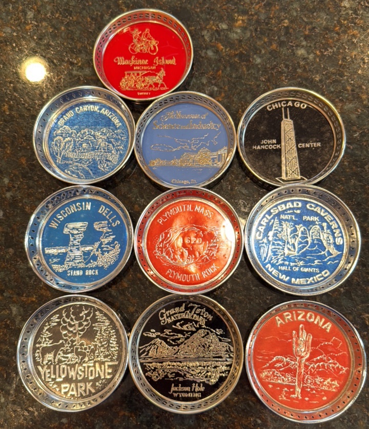 vintage collection of souvenir coasters from across the country
