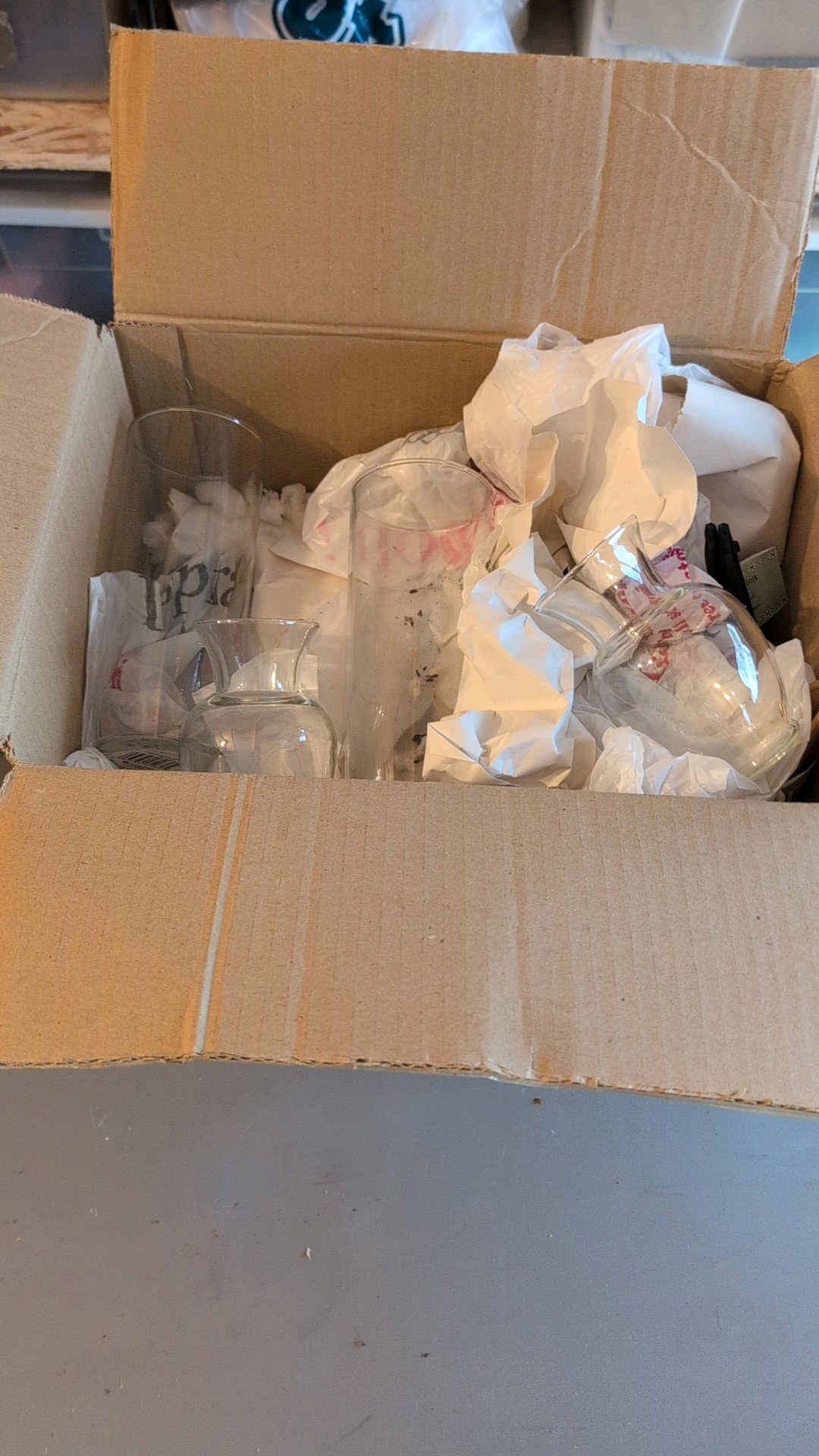 box of miscellaneous glassware & teepot