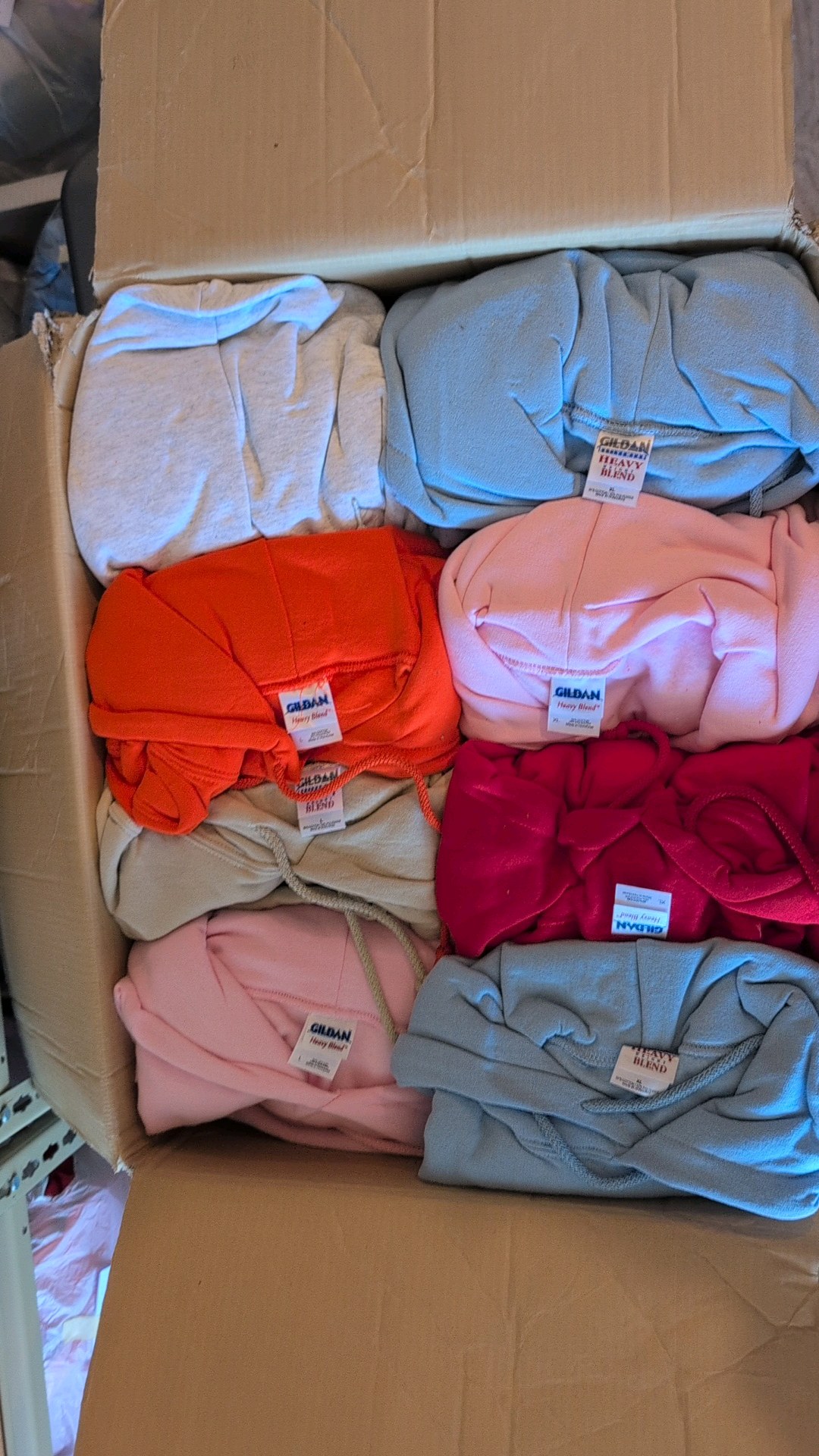 box of hoodies