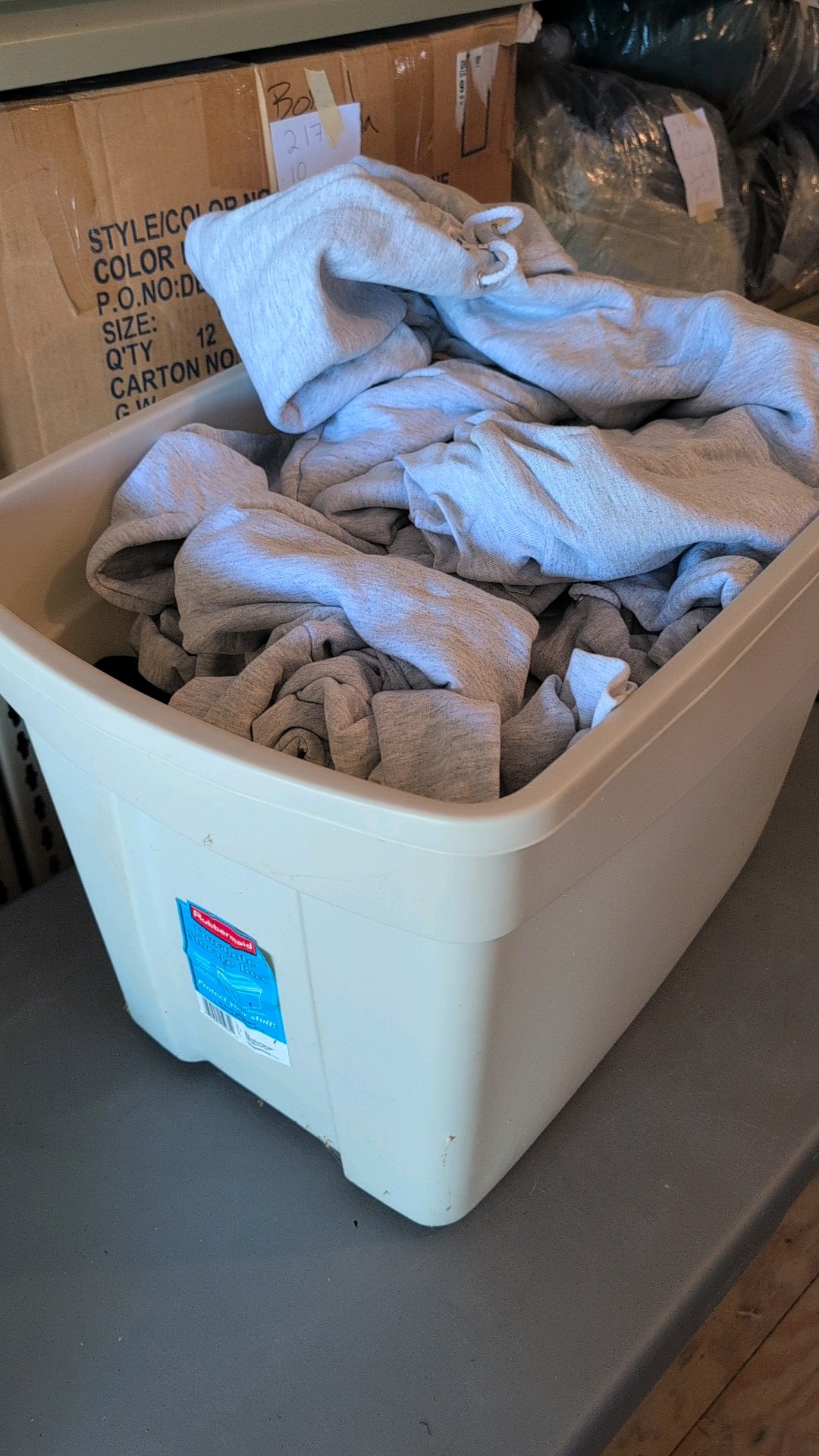 box of hoodies