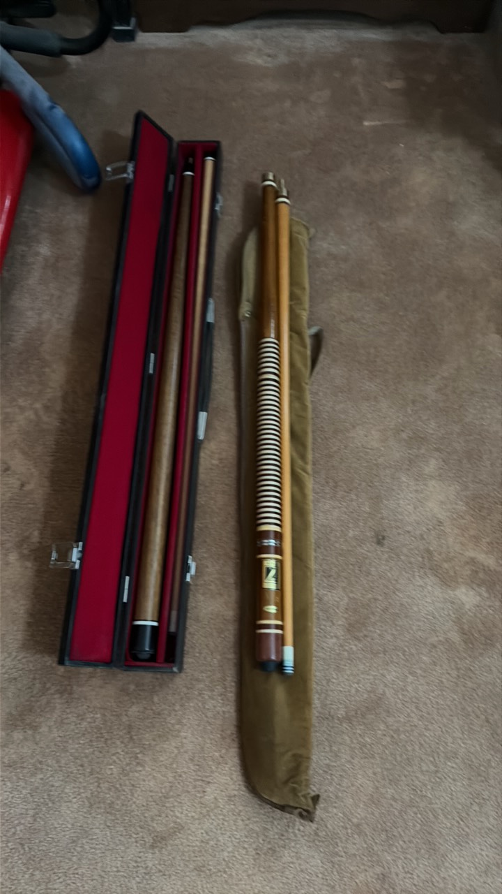 two pool sticks in cases