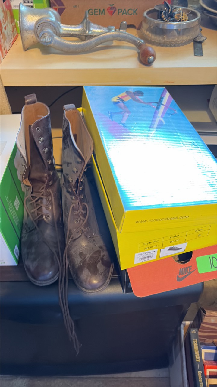 womans shoe lot including a pair of boots, a pair of nike golf shoes, and roscoe tennis shoes