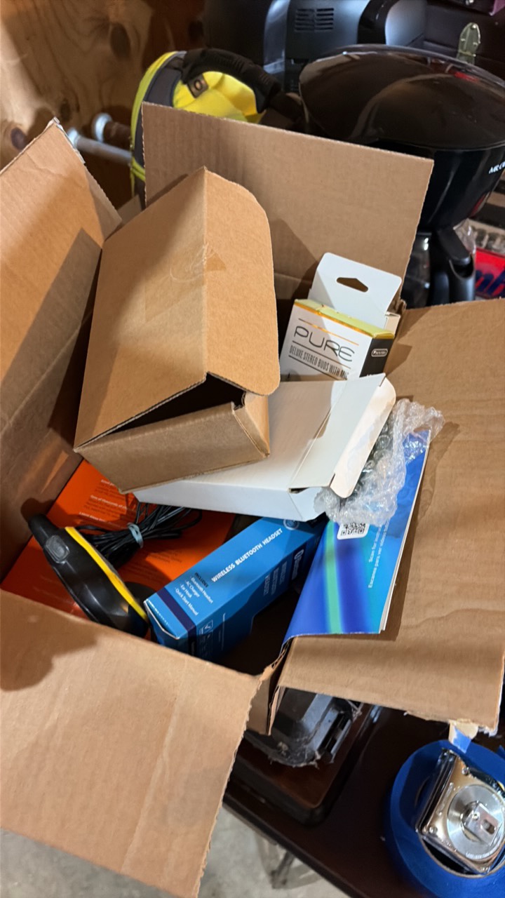 miscellaneous tech lot including adapters, walkie-talkies, headphones, and more