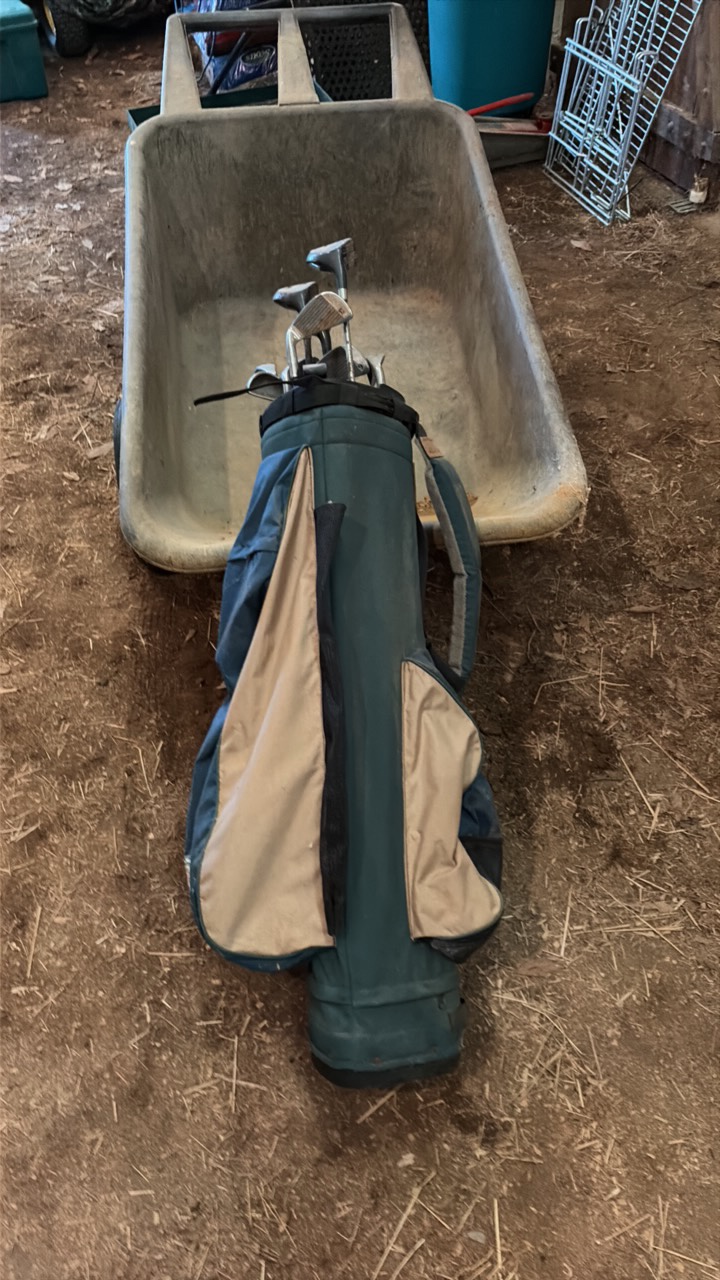 set of golf, clubs, and bag