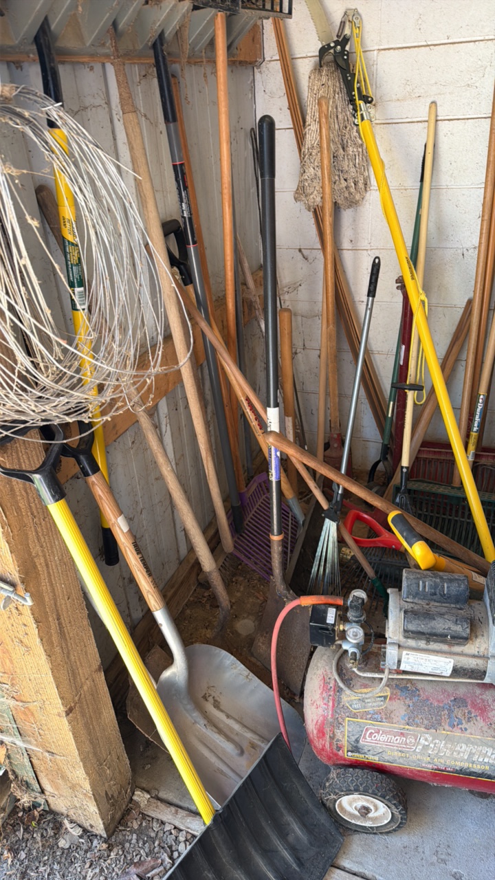 Miscellaneous garden tools, shovels, pitchforks, rakes, etc.