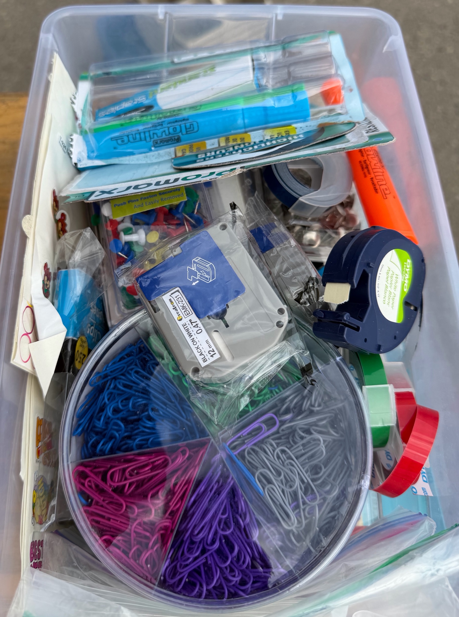 handwriting, sleeves folders, tax, staples, highlighters, clipboards, Dyno labels