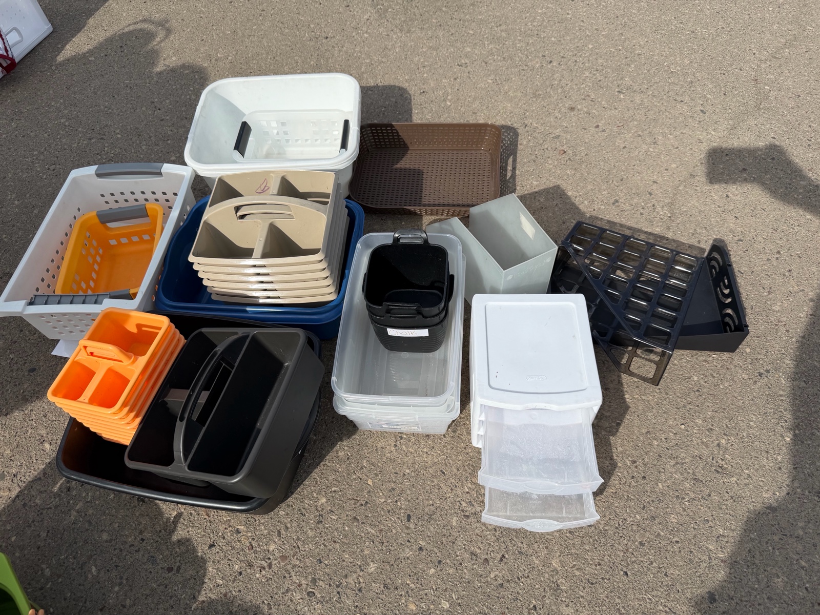 table, pencil trays, miscellaneous tubs