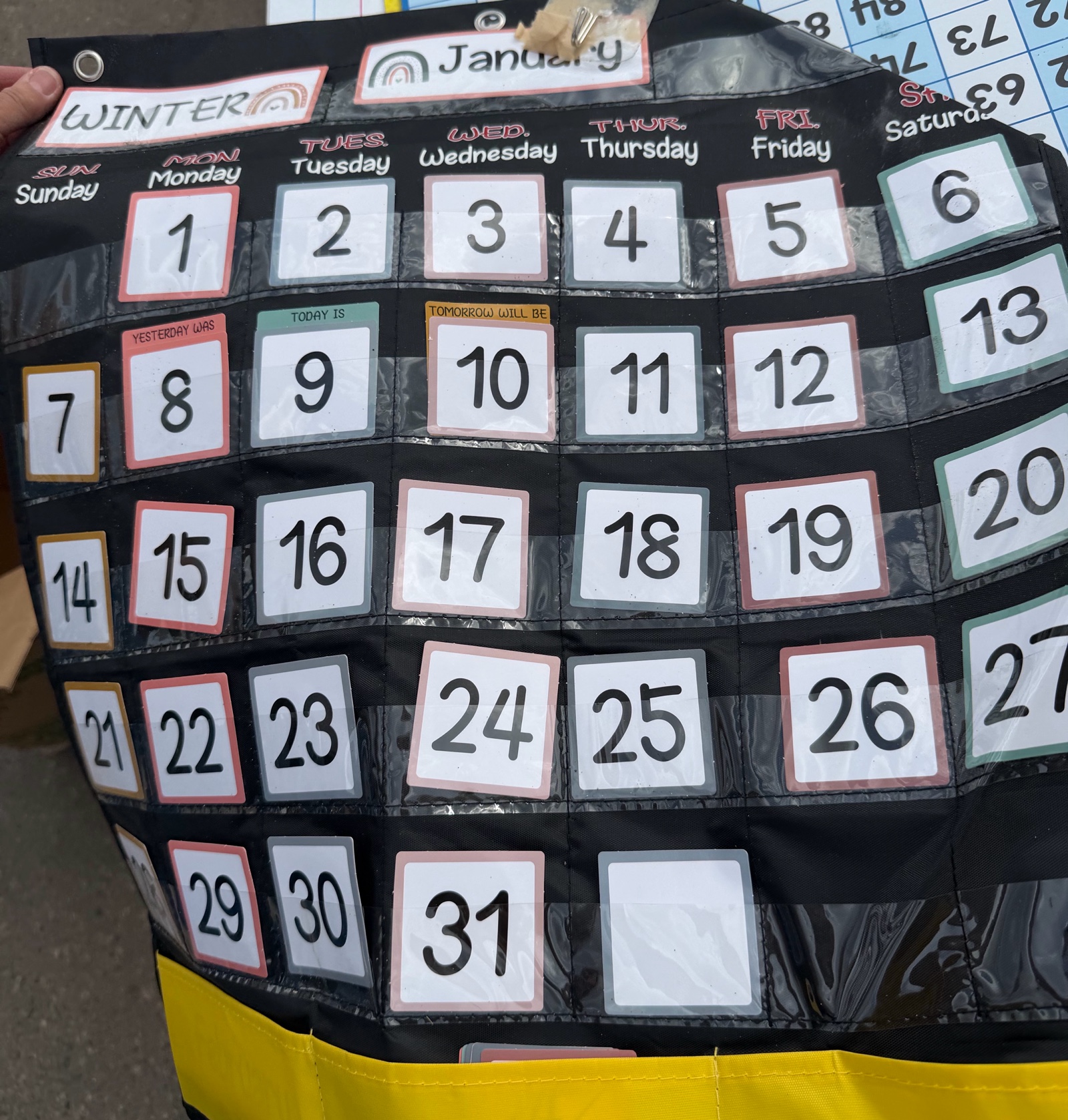 classroom information, posters, and slotted wall hangings