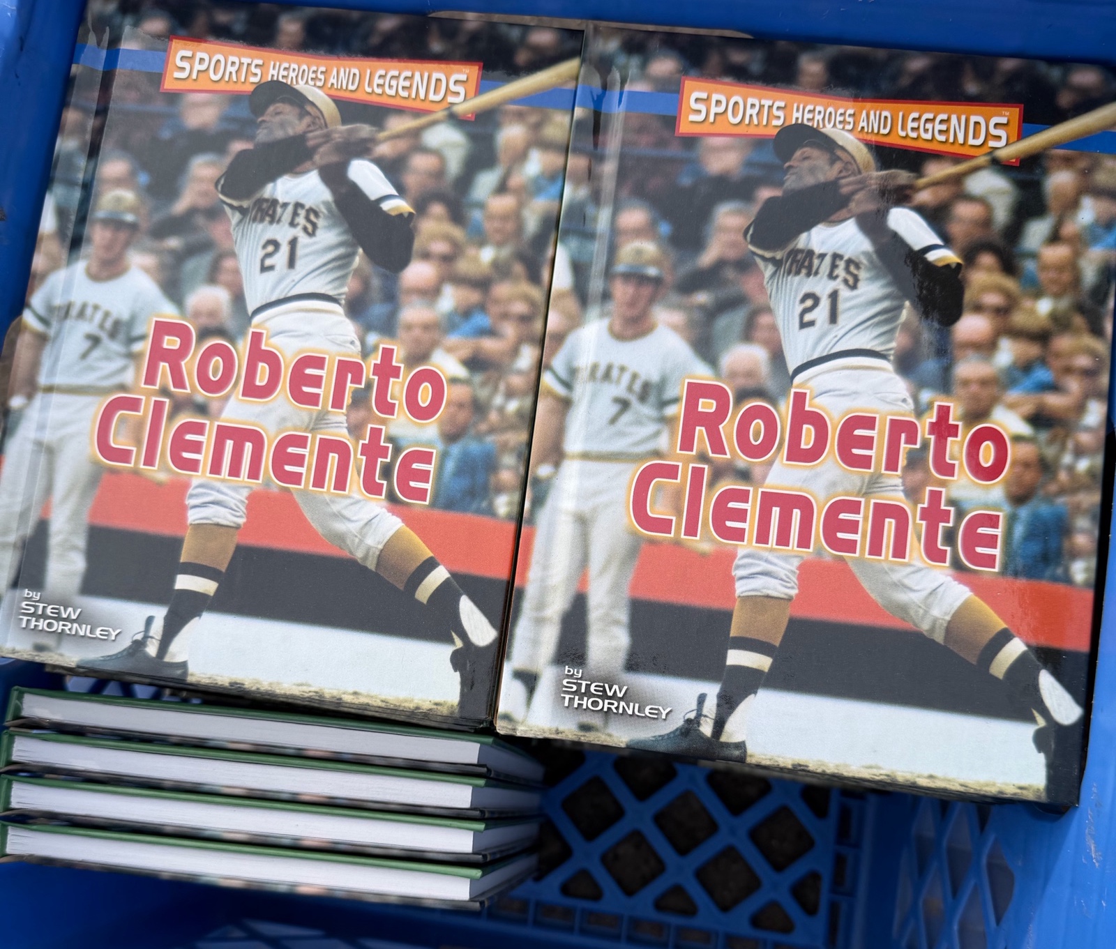 Crate of Roberto Clemente books(42)