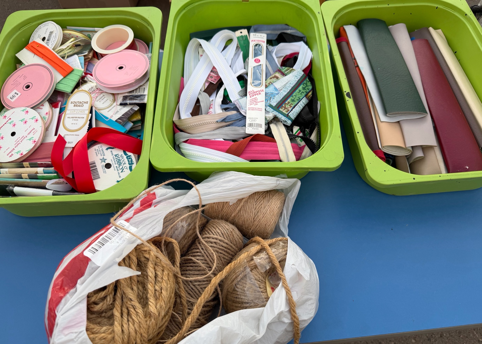 sewing supplies, zippers, twine, and ribbon
