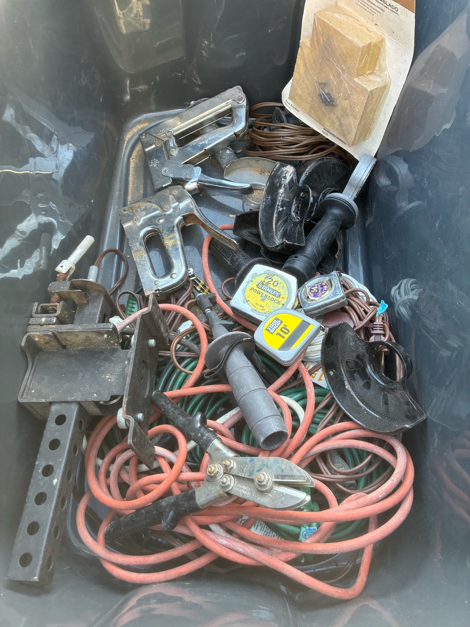 extension, cord, stapler, measuring tapes, downspout crimper