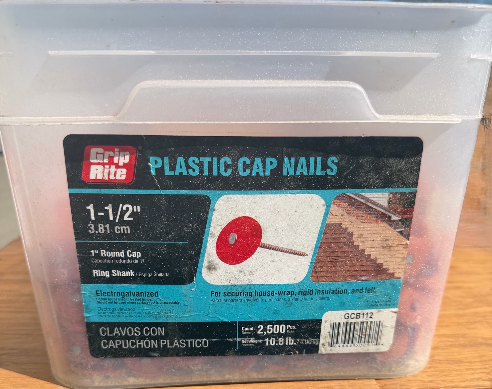 plastic cap nails  One  half inch round cap