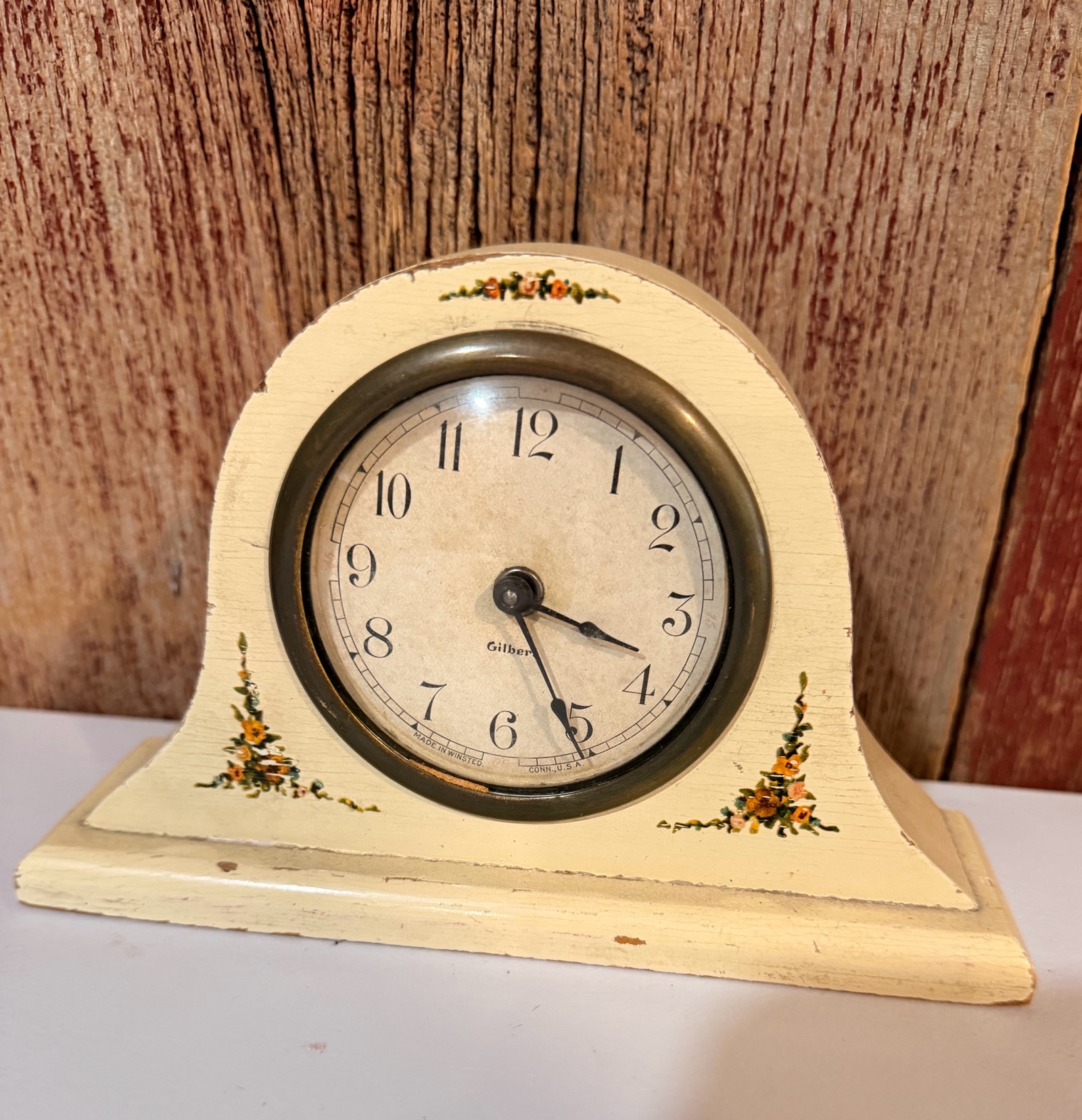 AntiqueVintage Gilbert Mantel Clock Floral Painted Wood Case Shelf Clock