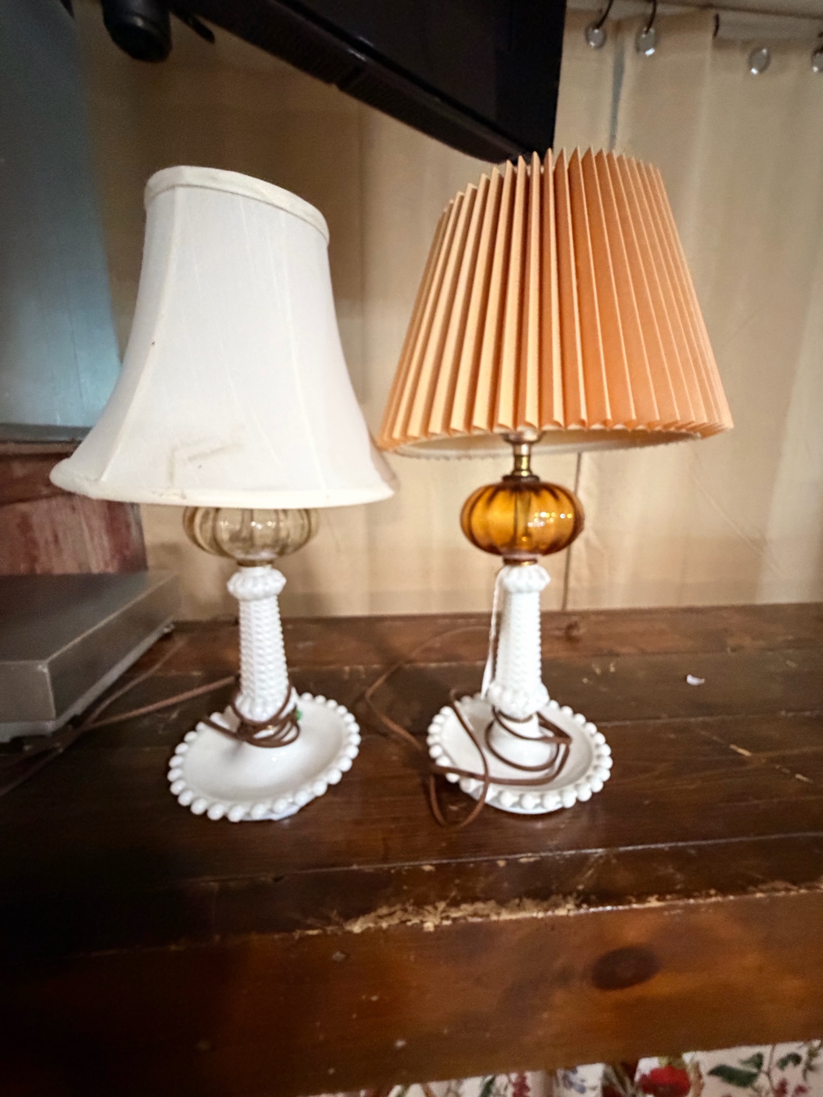 Vintage Hobnail Milk Glass & Amber Glass Table Lamps  Matching Pair w Shades