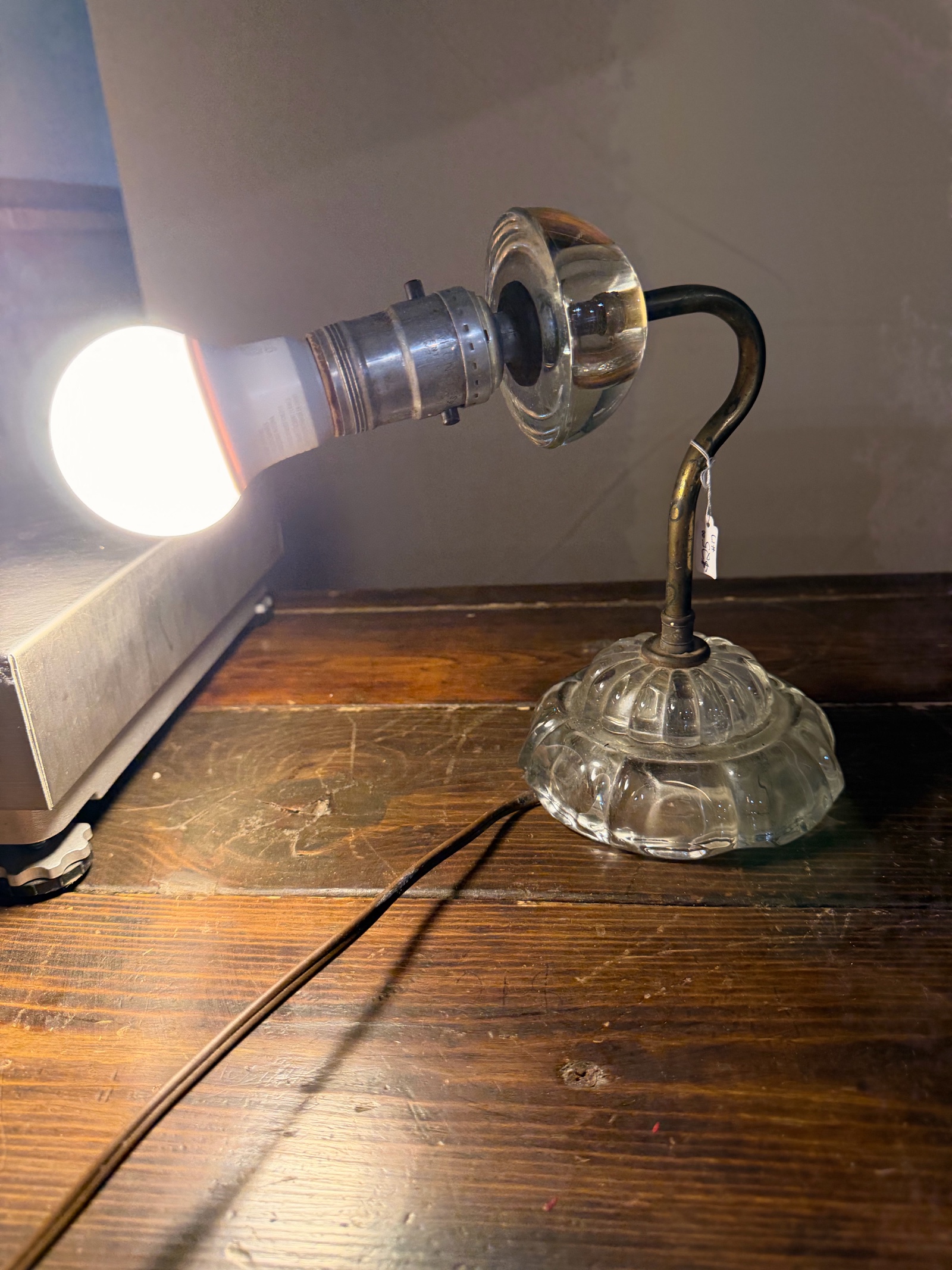 Glass Boudoir Lamp Clear Pressed Glass Base Brass Arm Accent Light