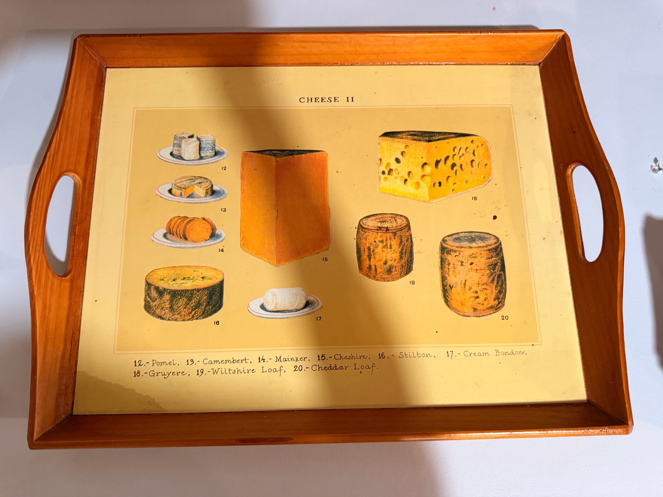 Cheese Board Serving Tray  Retro Culinary Print Wood Handle Tray