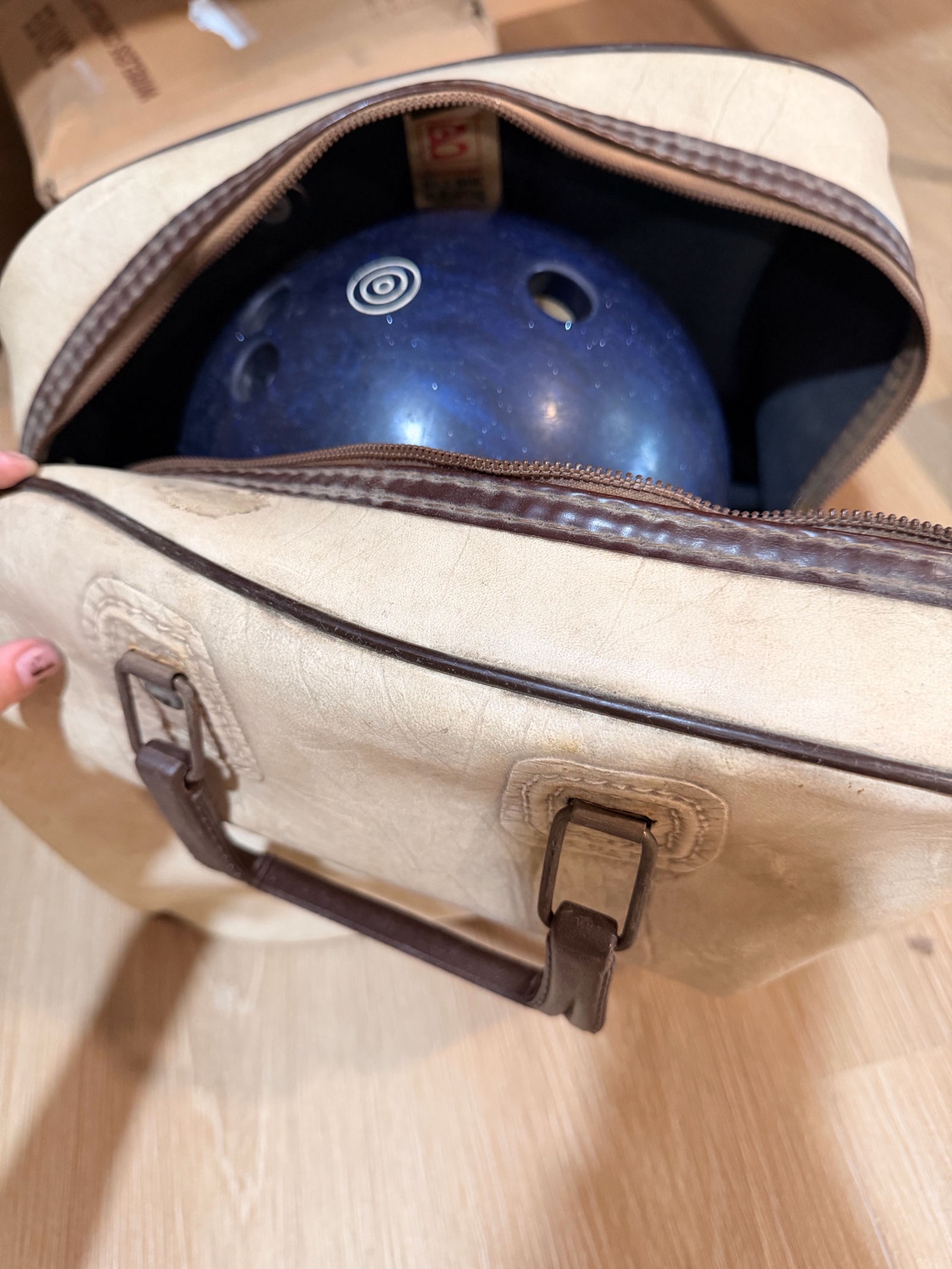 Vintage AMF Blue Sparkle Bowling Ball & Retro Carrying Bag Set  Mid Century Bowling Collectible