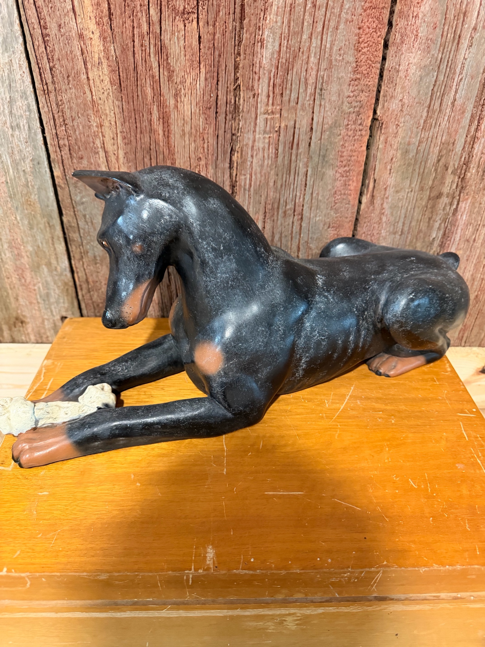 Vintage Doberman Pinscher Figurine  Black & Tan Reclining Dog Statue